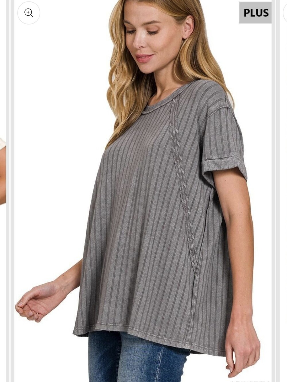 Zenana Outfitters Ribbed Striped Oversized Short Sleeve Top Ash Grey.